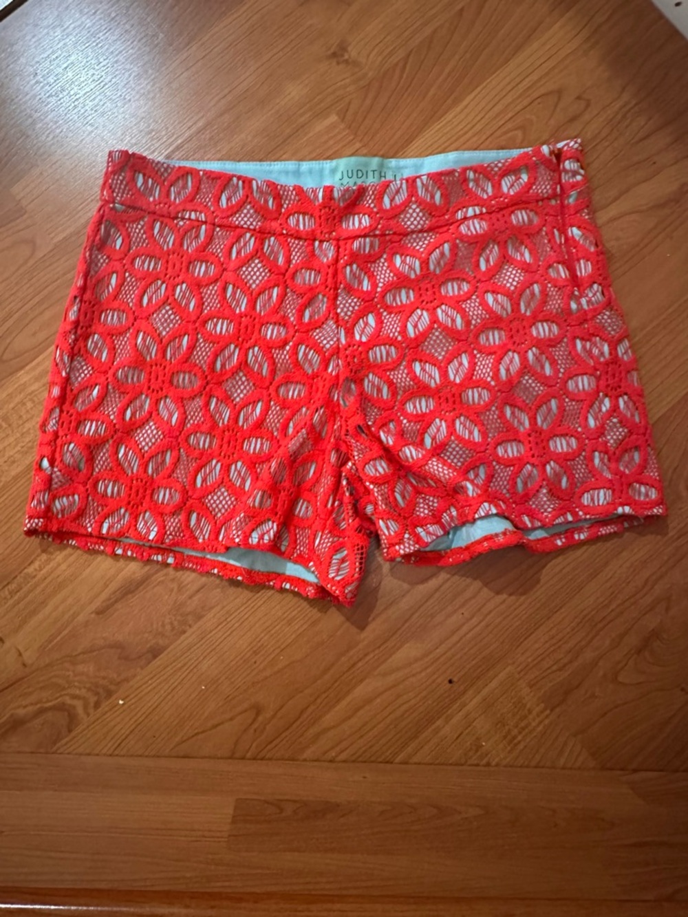 Judith March Coral Red Lace Overlay Shorts